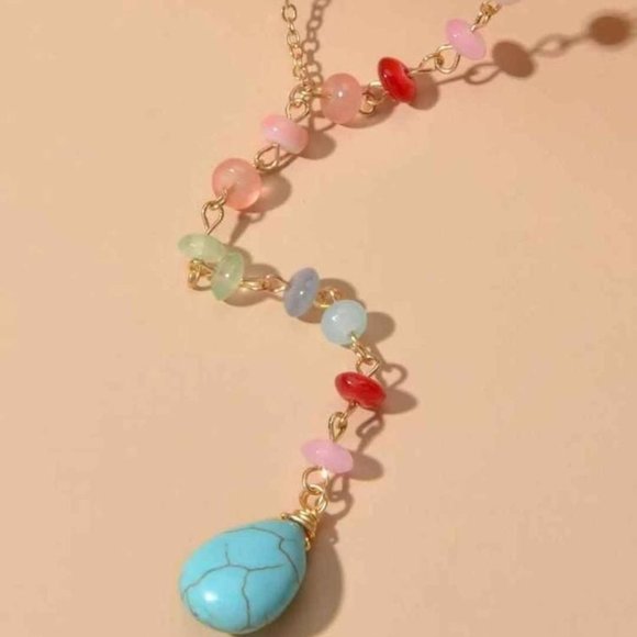 Jewelry - Colorful Beaded Necklace with Turquoise Pendant